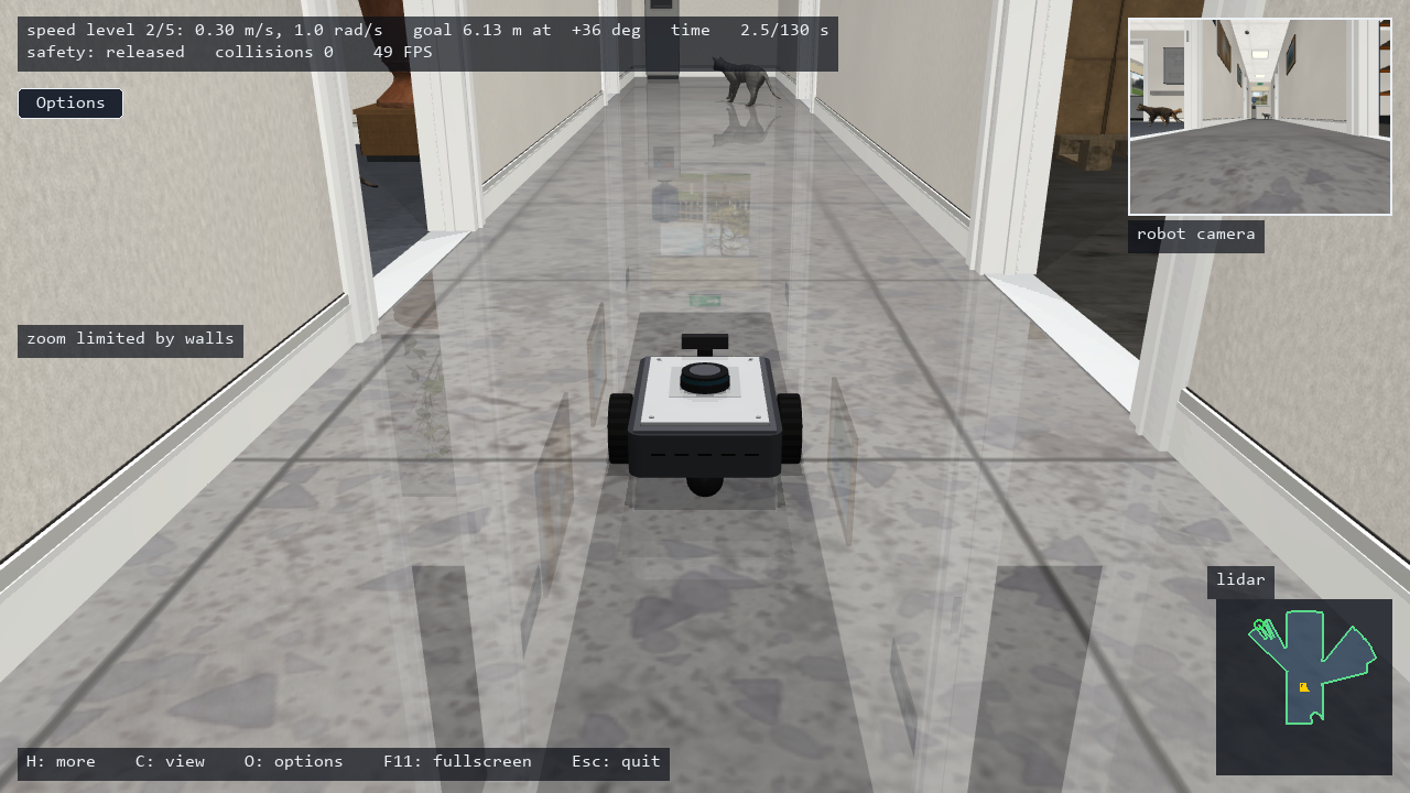 Two-wheeled simulated robot navigating a furnished office beside a cat
